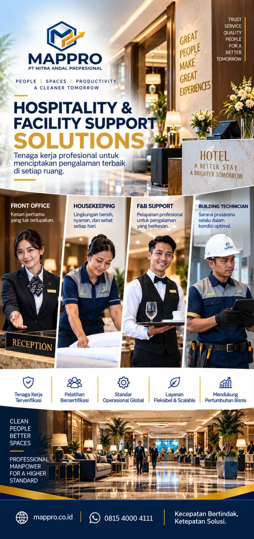 Brosur hospitality: front office, housekeeping, F&B support, building technician